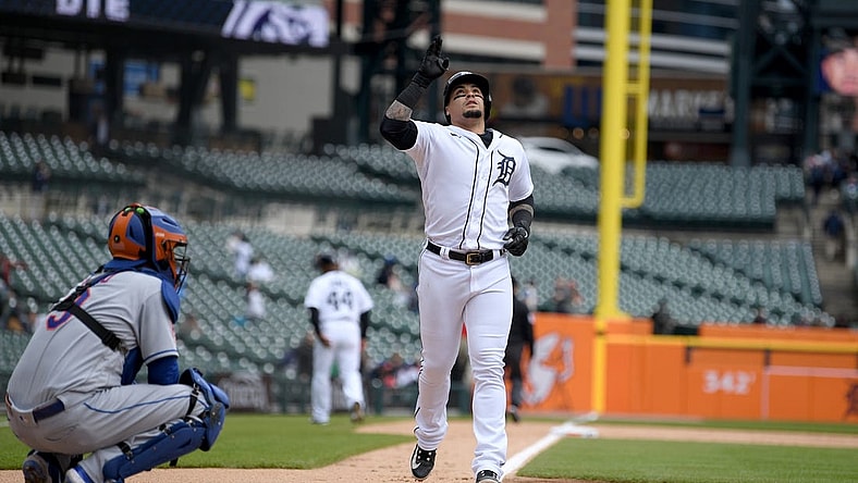 May 3, 2023; Detroit, Michigan, USA; Detroit Tigers shortstop Javier Baez (28) celebrates after hitting a home run against the New York in the third inning at Comerica Park. Mandatory Credit: Lon Horwedel-USA TODAY Sports