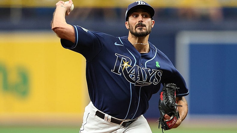 May 4, 2023; St. Petersburg, Florida, USA;  Tampa Bay Rays starting pitcher Zach Eflin (24) throws a pitch  against the Pittsburgh Pirates in the second inning at Tropicana Field. Mandatory Credit: Nathan Ray Seebeck-USA TODAY Sports