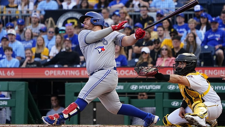 May 6, 2023; Pittsburgh, Pennsylvania, USA; Toronto Blue Jays designated hitter Alejandro Kirk (30) hits an RBI double against the Pittsburgh Pirates during the first inning at PNC Park. Mandatory Credit: Gregory Fisher-USA TODAY Sports
