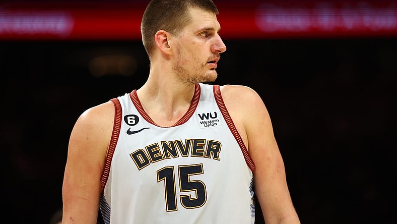 May 5, 2023; Phoenix, Arizona, USA; Denver Nuggets center Nikola Jokic (15) against the Phoenix Suns during game three of the 2023 NBA playoffs at Footprint Center. Mandatory Credit: Mark J. Rebilas-USA TODAY Sports