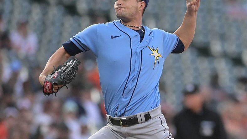 May 8, 2023; Baltimore, Maryland, USA; Tampa Bay Rays starting pitcher Shane McClanahan (18) throws a third inning pitch against the Baltimore Orioles at Oriole Park at Camden Yards. Mandatory Credit: Tommy Gilligan-USA TODAY Sports