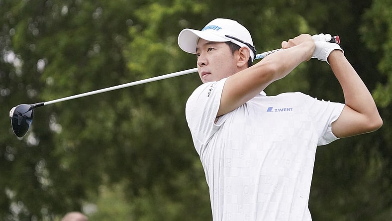 May 11, 2023; McKinney, Texas, USA; S.Y. Noh plays his shot from the eighth tee during the first round of the AT&T Byron Nelson golf tournament. Mandatory Credit: Raymond Carlin III-USA TODAY Sports