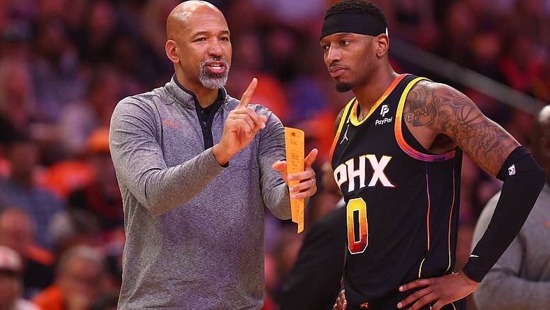 Apr 25, 2023; Phoenix, Arizona, USA; Phoenix Suns head coach Monty Williams with forward Torrey Craig (0) against the Los Angeles Clippers during game five of the 2023 NBA playoffs at Footprint Center. Mandatory Credit: Mark J. Rebilas-USA TODAY Sports