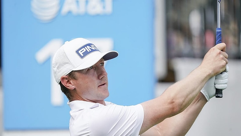 May 12, 2023; McKinney, Texas, USA; Mackenzie Hughes watches his shot from the 17th tee during the second round of the AT&T Byron Nelson golf tournament. Mandatory Credit: Raymond Carlin III-USA TODAY Sports