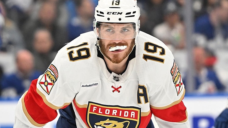 May 12, 2023; Toronto, Ontario, CAN;  Florida Panthers forward Matthew Tkachuk (19) prepares for a faceoff against the Toronto Maple Leafs in the second period in game five of the second round of the 2023 Stanley Cup Playoffs at Scotiabank Arena. Mandatory Credit: Dan Hamilton-USA TODAY Sports