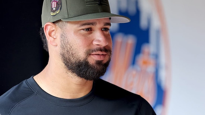 May 19, 2023; New York City, New York, USA; New York Mets catcher Gary Sanchez (33) in the dugout before batting practice before a game against the Cleveland Guardians at Citi Field. Mandatory Credit: Brad Penner-USA TODAY Sports