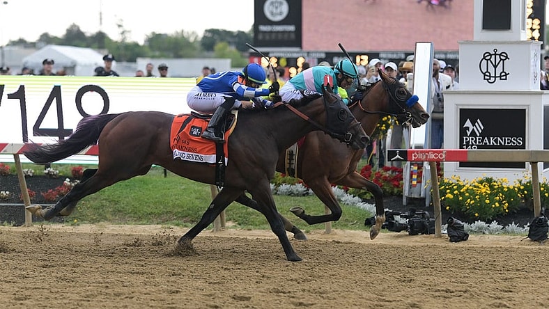 May 20, 2023; Baltimore, Maryland, USA;  National Treasure with John R. Velazquez up (1) defeats Blazing Sevens with Irad Ortiz, Jr. up (7) to win the 148th running of the Preakness Stakes at Pimlico Race Course. Mandatory Credit: Tommy Gilligan-USA TODAY Sports
