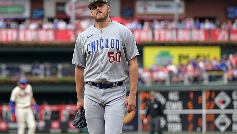 May 20, 2023; Philadelphia, Pennsylvania, USA;  Chicago Cubs starting pitcher Jameson Taillon (50) walks to the dugout after being pulled in the third inning against the Philadelphia Phillies at Citizens Bank Park. The Phillies won 12-3. Mandatory Credit: John Geliebter-USA TODAY Sports