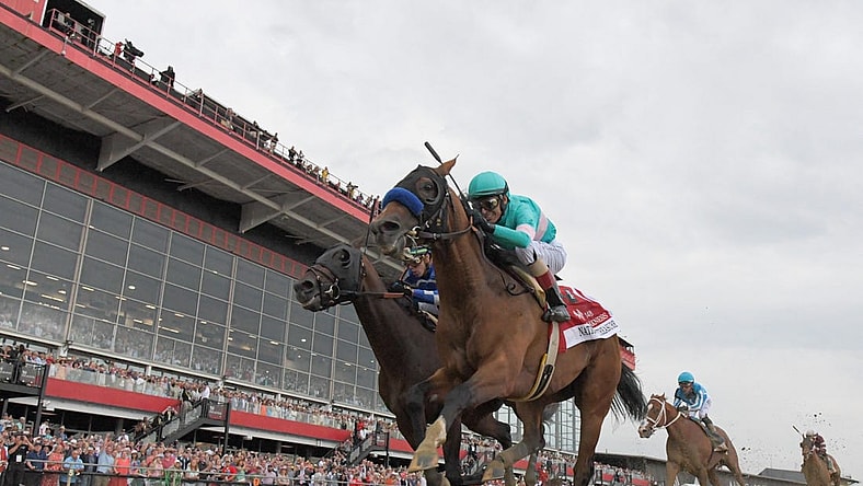 May 20, 2023; Baltimore, Maryland, USA; National Treasure with John R. Velazquez up (1) defeats Blazing Sevens with Irad Ortiz, Jr. up (7) to win the 148th running of the Preakness Stakes at Pimlico Race Course. Mandatory Credit: Tommy Gilligan-USA TODAY Sports
