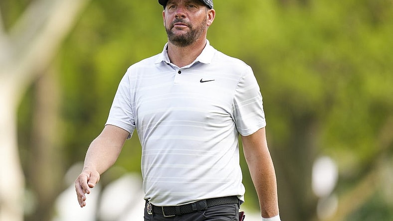 May 21, 2023; Rochester, New York, USA; Michael Block walks the 18th fairway during the final round of the PGA Championship golf tournament at Oak Hill Country Club. Mandatory Credit: Aaron Doster-USA TODAY Sports