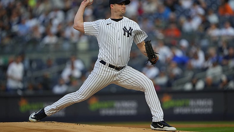 May 23, 2023; Bronx, New York, USA; New York Yankees pitcher Gerrit Cole (45) delivers a pitch against the Baltimore Orioles during the first inning at Yankee Stadium. Mandatory Credit: Gregory Fisher-USA TODAY Sports