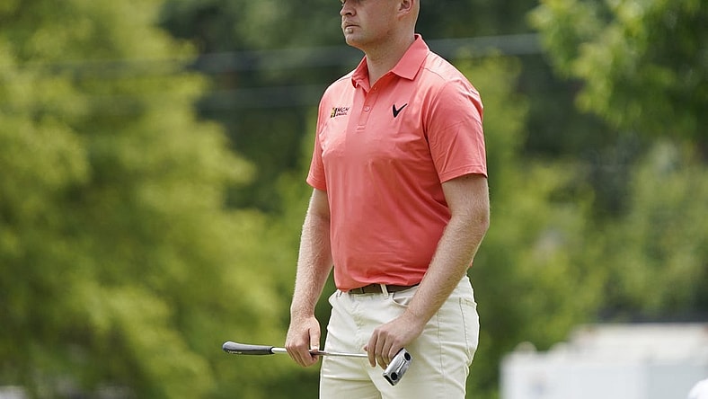 May 25, 2023; Fort Worth, Texas, USA; Harry Hall prepares to putt on the 17th green during the first round of the Charles Schwab Challenge golf tournament. Mandatory Credit: Raymond Carlin III-USA TODAY Sports