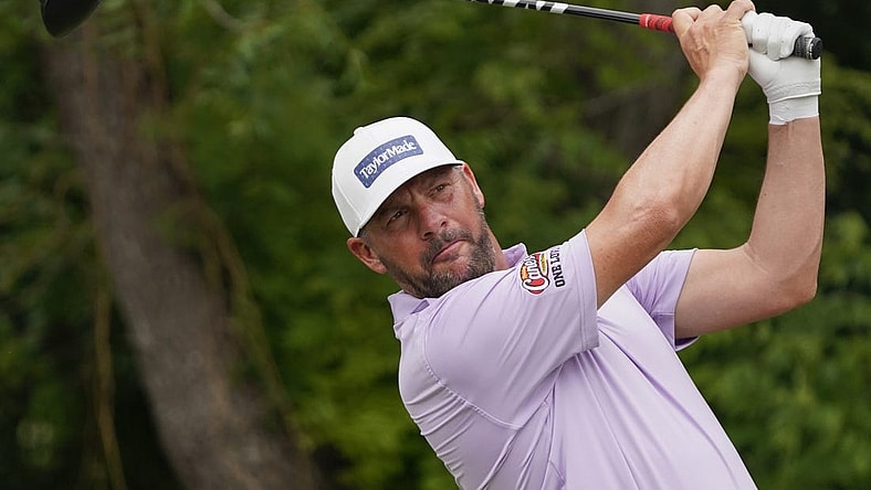 May 25, 2023; Fort Worth, Texas, USA; Michael Block plays his shot from the sixth tee during the first round of the Charles Schwab Challenge golf tournament. Mandatory Credit: Raymond Carlin III-USA TODAY Sports
