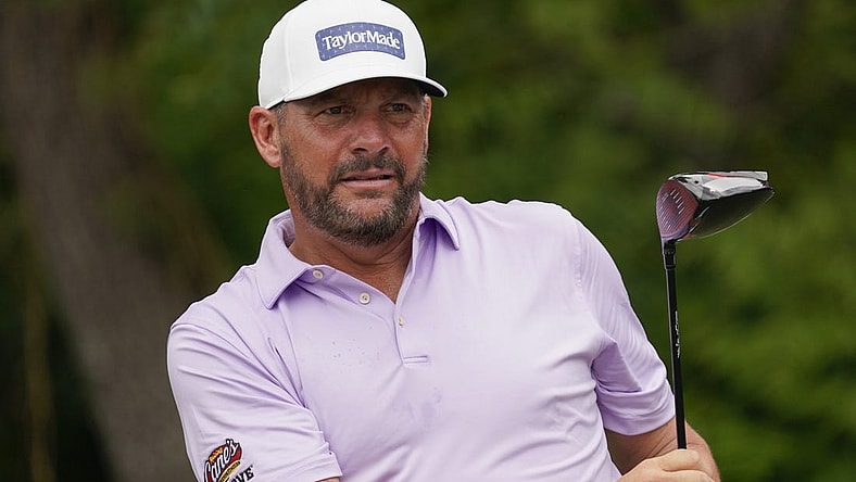 May 25, 2023; Fort Worth, Texas, USA; Michael Block watches his shot from the sixth tee during the first round of the Charles Schwab Challenge golf tournament. Mandatory Credit: Raymond Carlin III-USA TODAY Sports