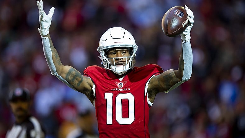 Nov 27, 2022; Glendale, Arizona, USA;  Arizona Cardinals wide receiver DeAndre Hopkins (10) celebrates after scoring a touchdown against the Los Angeles Chargers in the first half at State Farm Stadium. Mandatory Credit: Mark J. Rebilas-USA TODAY Sports