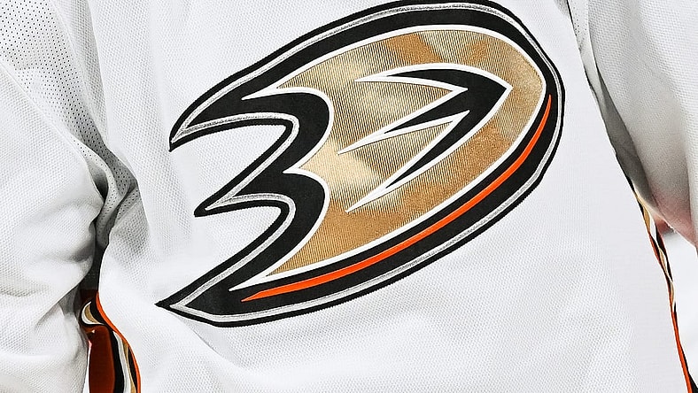 Dec 15, 2022; Montreal, Quebec, CAN; View of an Anaheim Ducks logo on a jersey worn by a member of the team during the second period at Bell Centre. Mandatory Credit: David Kirouac-USA TODAY Sports