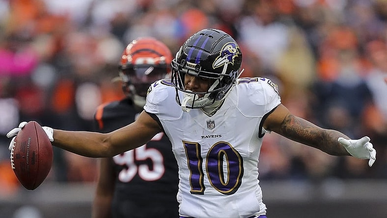 Jan 8, 2023; Cincinnati, Ohio, USA; Baltimore Ravens wide receiver Demarcus Robinson (10) reacts after advancing the ball in the second half against the Cincinnati Bengals at Paycor Stadium. Mandatory Credit: Katie Stratman-USA TODAY Sports