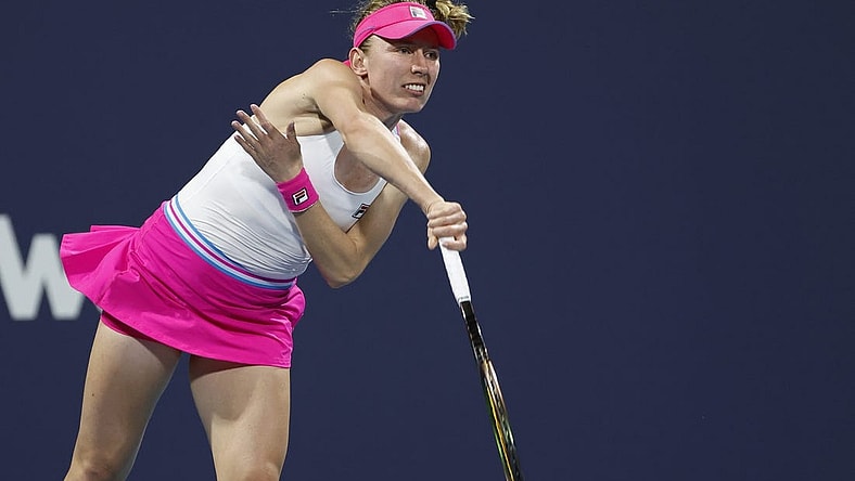 Mar 27, 2023; Miami, Florida, US; Ekaterina Alexandrova serves against Bianca Andreescu (CAN) (not pictured) on day eight of the Miami Open at Hard Rock Stadium. Mandatory Credit: Geoff Burke-USA TODAY Sports