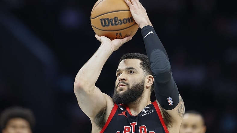 Apr 4, 2023; Charlotte, North Carolina, USA; Toronto Raptors guard Fred VanVleet (23) shoots a free throw after the Charlotte Hornets were assessed a technical during the first half at Spectrum Center. Mandatory Credit: Nell Redmond-USA TODAY Sports