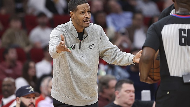 Apr 4, 2023; Houston, Texas, USA; Houston Rockets head coach Stephen Silas reacts with an official during the third quarter against the Denver Nuggets at Toyota Center. Mandatory Credit: Troy Taormina-USA TODAY Sports