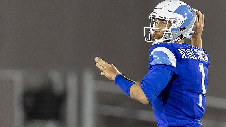 Apr 16, 2023; Birmingham, AL, USA; New Orleans Breakers quarterback McLeod Bethel-Thompson (1) throws the ball against the Pittsburgh Maulers during the second half of a USFL football game at Protective Stadium. Mandatory Credit: Vasha Hunt-USA TODAY Sports
