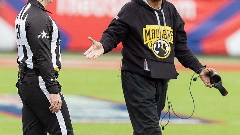 Pittsburgh Maulers head coach Ray Horton reacts during a game vs. New Jersey Generals, Sunday, April 23, 2023, at Tom Benson Hall of Fame Stadium.