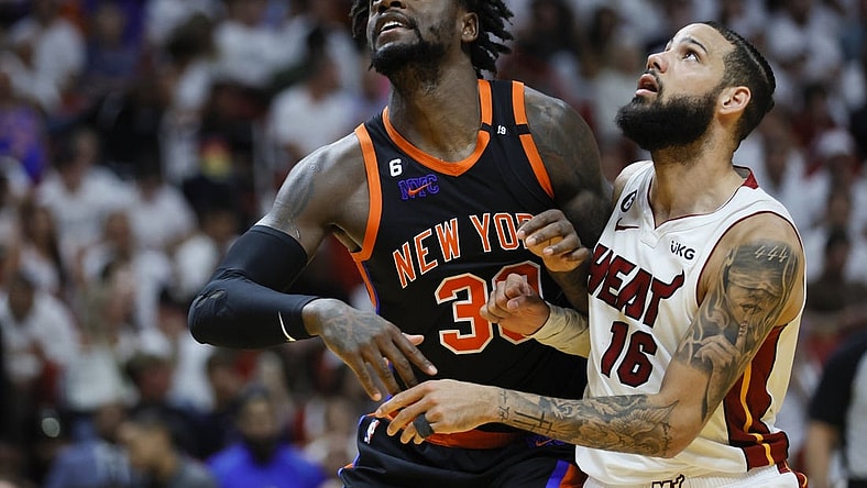 May 8, 2023; Miami, Florida, USA; New York Knicks forward Julius Randle (30) and Miami Heat forward Caleb Martin (16) look on during a free-throw attempt in the fourth quarter during game four of the 2023 NBA playoffs at Kaseya Center. Mandatory Credit: Sam Navarro-USA TODAY Sports