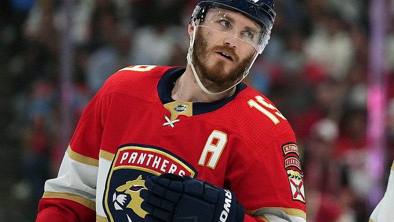 May 22, 2023; Sunrise, Florida, USA; Florida Panthers left wing Matthew Tkachuk (19) skates on the ice against the Carolina Hurricanes during the second period in game three of the Eastern Conference Finals of the 2023 Stanley Cup Playoffs at FLA Live Arena. Mandatory Credit: Jasen Vinlove-USA TODAY Sports