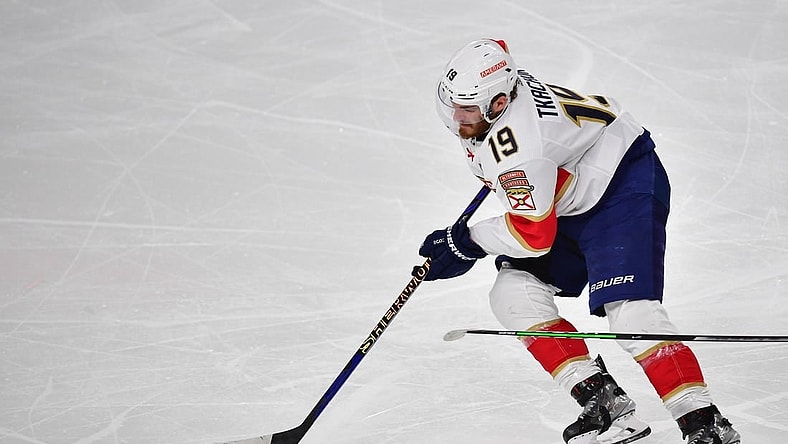 Jun 5, 2023; Las Vegas, Nevada, USA; Florida Panthers left wing Matthew Tkachuk (19) skates with the puck in the second period against the Vegas Golden Knights in game two of the 2023 Stanley Cup Final at T-Mobile Arena. Mandatory Credit: Gary A. Vasquez-USA TODAY Sports