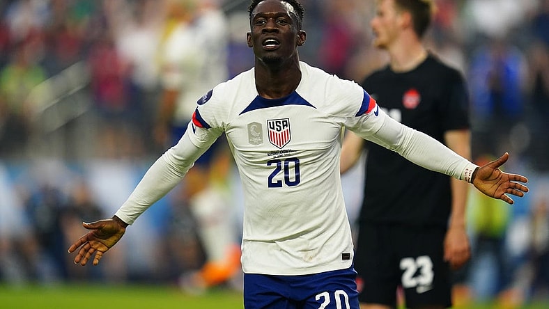 Jun 18, 2023; Las Vegas, Nevada, USA; USA forward Folarin Balogun (20) celebrates after scoring a goal against Canada during the first half at Allegiant Stadium. Mandatory Credit: Lucas Peltier-USA TODAY Sports