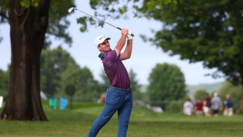 Jun 22, 2023; Cromwell, Connecticut, USA; Denny McCarthy plays his shot on the sixth hole during the first round of the Travelers Championship golf tournament. Mandatory Credit: Vincent Carchietta-USA TODAY Sports