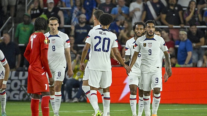 Jun 28, 2023; St. Louis, Missouri, USA; United States forward Jesus Ferreira (9) celebrates with teammates after scoring against Saint Kitts and Nevis during the first half at CITYPARK. Mandatory Credit: Jeff Curry-USA TODAY Sports