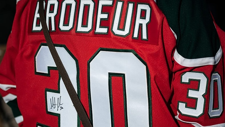 A fan with a signed Martin Brodeur jersey stands outside of the Adirondack Bank Center in Utica on Wednesday, April 6, 2022.
Martin Brodeur And Rob Esche