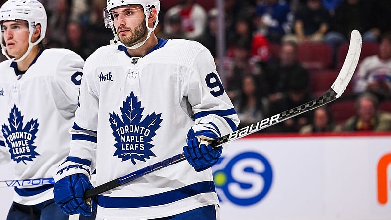 Oct 3, 2022; Montreal, Quebec, CAN; Toronto Maple Leafs defenseman Victor Mete (98) waits for a face-off during the third period at Bell Centre. Mandatory Credit: David Kirouac-USA TODAY Sports