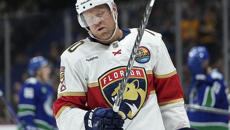 Dec 1, 2022; Vancouver, British Columbia, CAN; Florida Panthers right wing Patric Hornqvist (70) reacts during the second period against the Vancouver Canucks at Rogers Arena. Mandatory Credit: Bob Frid-USA TODAY Sports