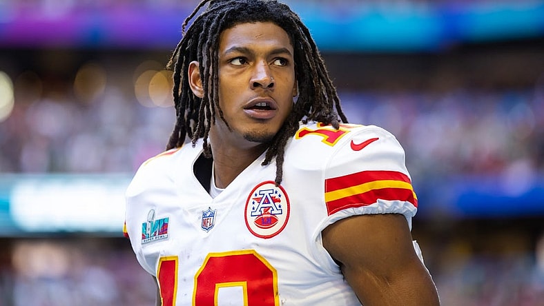 Feb 12, 2023; Glendale, Arizona, US; Kansas City Chiefs running back Isiah Pacheco (10) against the Philadelphia Eagles during Super Bowl LVII at State Farm Stadium. Mandatory Credit: Mark J. Rebilas-USA TODAY Sports