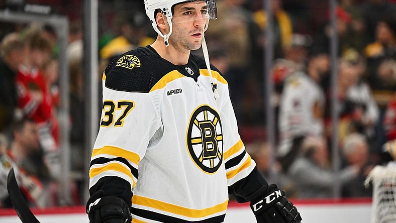 Mar 14, 2023; Chicago, Illinois, USA;  Boston Bruins forward Patrice Bergeron (37) warms up before a game against the Chicago Blackhawks at United Center. Mandatory Credit: Jamie Sabau-USA TODAY Sports