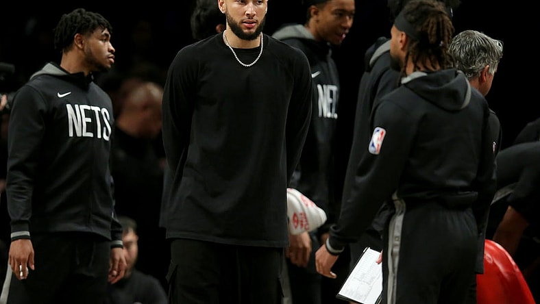 Mar 31, 2023; Brooklyn, New York, USA; Brooklyn Nets injured guard Ben Simmons (10) during a time out during the third quarter against the Atlanta Hawks at Barclays Center. Mandatory Credit: Brad Penner-USA TODAY Sports