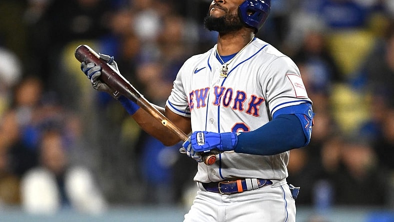 Apr 18, 2023; Los Angeles, California, USA; New York Mets right fielder Starling Marte (6) reacts after striking out in the third inning against the Los Angeles Dodgers at Dodger Stadium. Mandatory Credit: Jayne Kamin-Oncea-USA TODAY Sports