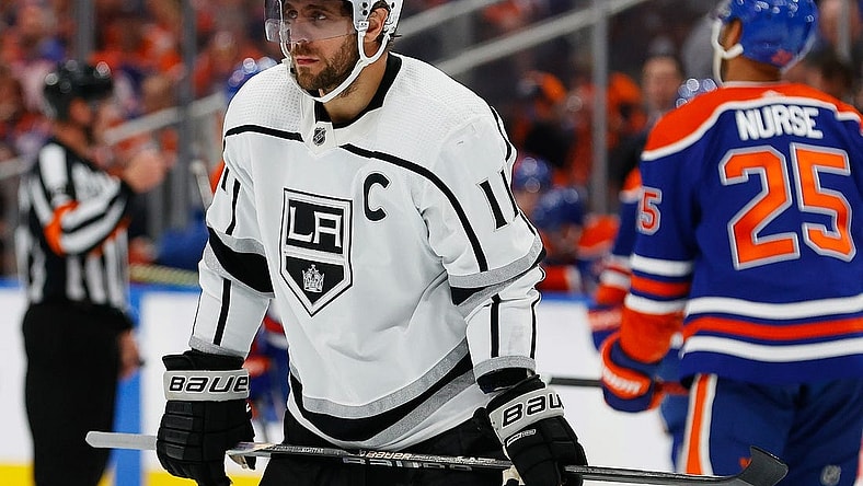 Apr 25, 2023; Edmonton, Alberta, CAN; Los Angeles Kings forward Anze Kopitar (11) skates against the Edmonton Oilers in game five of the first round of the 2023 Stanley Cup Playoffs at Rogers Place. Mandatory Credit: Perry Nelson-USA TODAY Sports