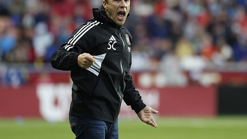 May 13, 2023; Sandy, Utah, USA; Los Angeles FC head coach Steve Cherundolo reacts in the first half at America First Field. Mandatory Credit: Jeff Swinger-USA TODAY Sports