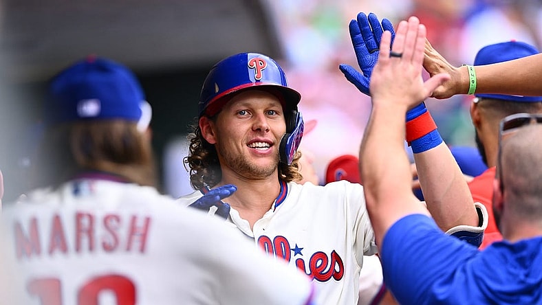 Jul 1, 2023; Philadelphia, Pennsylvania, USA; Philadelphia Phillies infielder Alec Bohm (28) celebrates in the dugout after hitting a two-run home run against the Washington Nationals in the third inning at Citizens Bank Park. Mandatory Credit: Kyle Ross-USA TODAY Sports