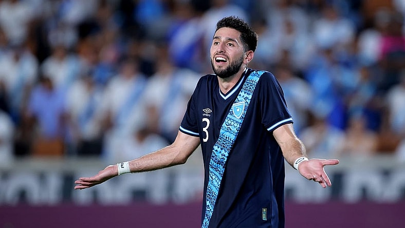 Jul 1, 2023; Houston, Texas, USA; Guatemala defender Nicolas Samayoa (3) reacts after a call from the referee during the second half of the CONCACAF Gold Cup group stage match against Canada at Shell Energy Stadium. Mandatory Credit: Erik Williams-USA TODAY Sports