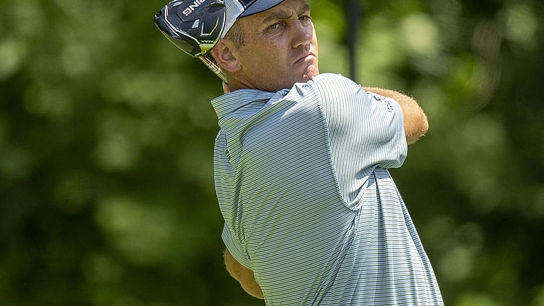 Jul 8, 2023; Silvis, Illinois, USA; Brendon Todd hits his tee shot on the 2nd hole during the third round of the John Deere Classic golf tournament. Mandatory Credit: Marc Lebryk-USA TODAY Sports