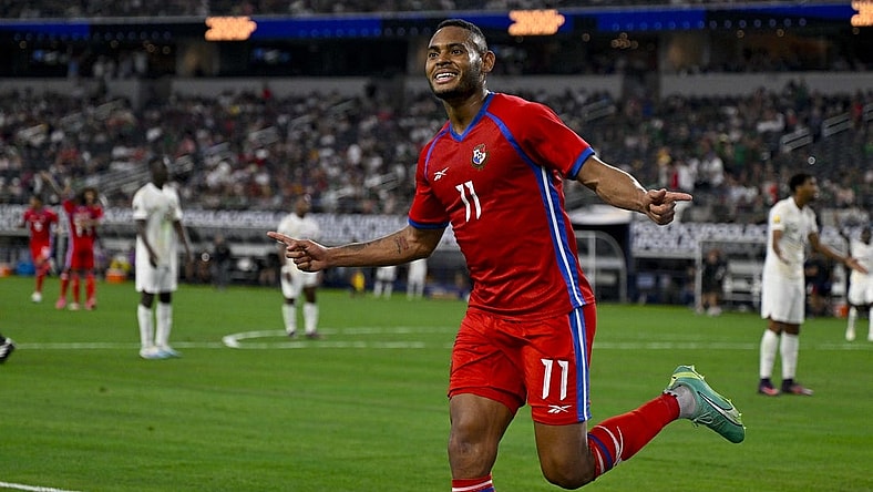 Jul 8, 2023; Arlington, Texas, USA; Panama forward Ismael Diaz (11) celebrates after he scores his third goal against Qatar during the second half at AT&T Stadium. Mandatory Credit: Jerome Miron-USA TODAY Sports