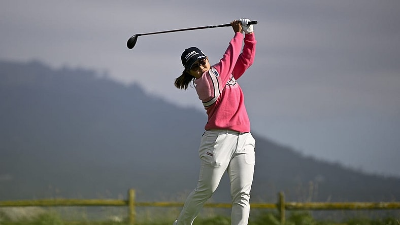 Jul 8, 2023; Pebble Beach, California, USA; Nasa Hataoka tees off on the 18th hole during the third round of the U.S. Women's Open golf tournament at Pebble Beach Golf Links. Mandatory Credit: Kelvin Kuo-USA TODAY Sports