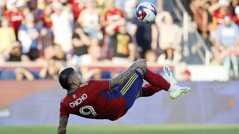 Jul 8, 2023; Sandy, Utah, USA; Real Salt Lake forward Chicho Arango (9) looks to shoot against the Orlando City in the first half at America First Field. Mandatory Credit: Jeff Swinger-USA TODAY Sports