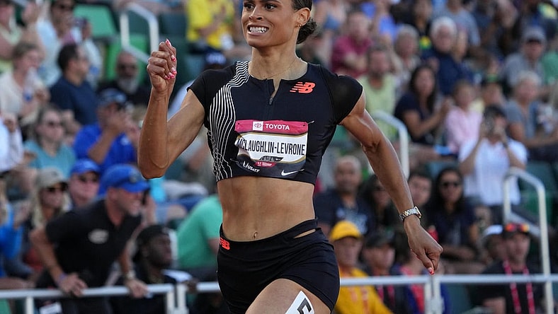 Jul 8, 2023; Eugene, OR, USA; Sydney McLaughlin-Levrone wins the women's 400m in a meet record 48.74 during the USATF Championships at Hayward Field. Mandatory Credit: Kirby Lee-USA TODAY Sports