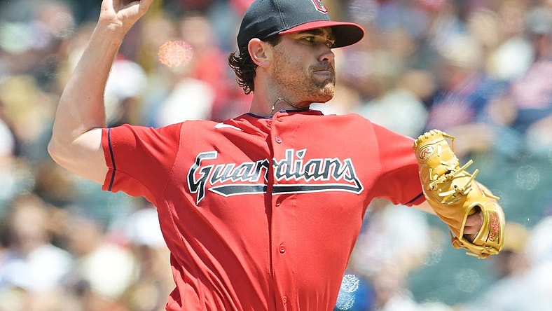 Jul 9, 2023; Cleveland, Ohio, USA; Cleveland Guardians starting pitcher Shane Bieber (57) throws a pitch during the second inning against the Kansas City Royals at Progressive Field. Mandatory Credit: Ken Blaze-USA TODAY Sports