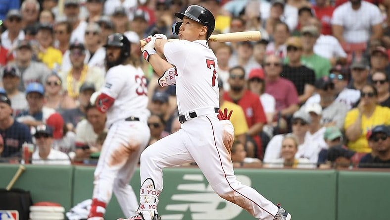 Jul 9, 2023; Boston, Massachusetts, USA;  Boston Red Sox designated hitter Masataka Yoshida (7) hits a home run during the eighth inning against the Oakland Athletics at Fenway Park. Mandatory Credit: Bob DeChiara-USA TODAY Sports